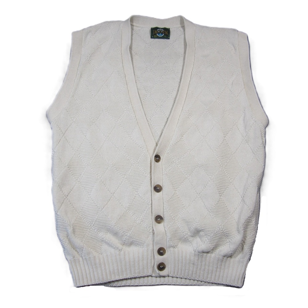 Vtg Jantzen‎ Sweater Vest Mens L Ivory Argyle V-Neck Button Grandpa Academia 90s